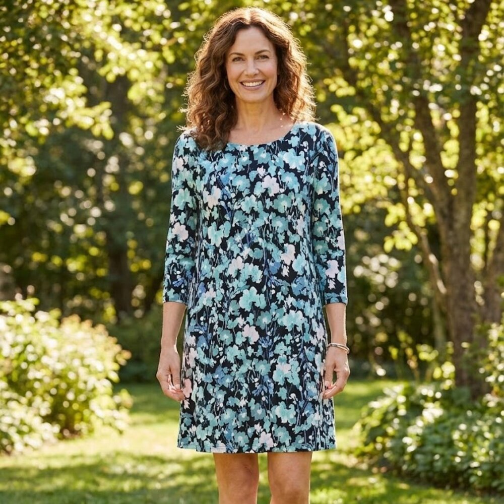 J Jill Wearever Floral Ballet Sleeve Dress Medium Teal Blue Jersey Travel Office